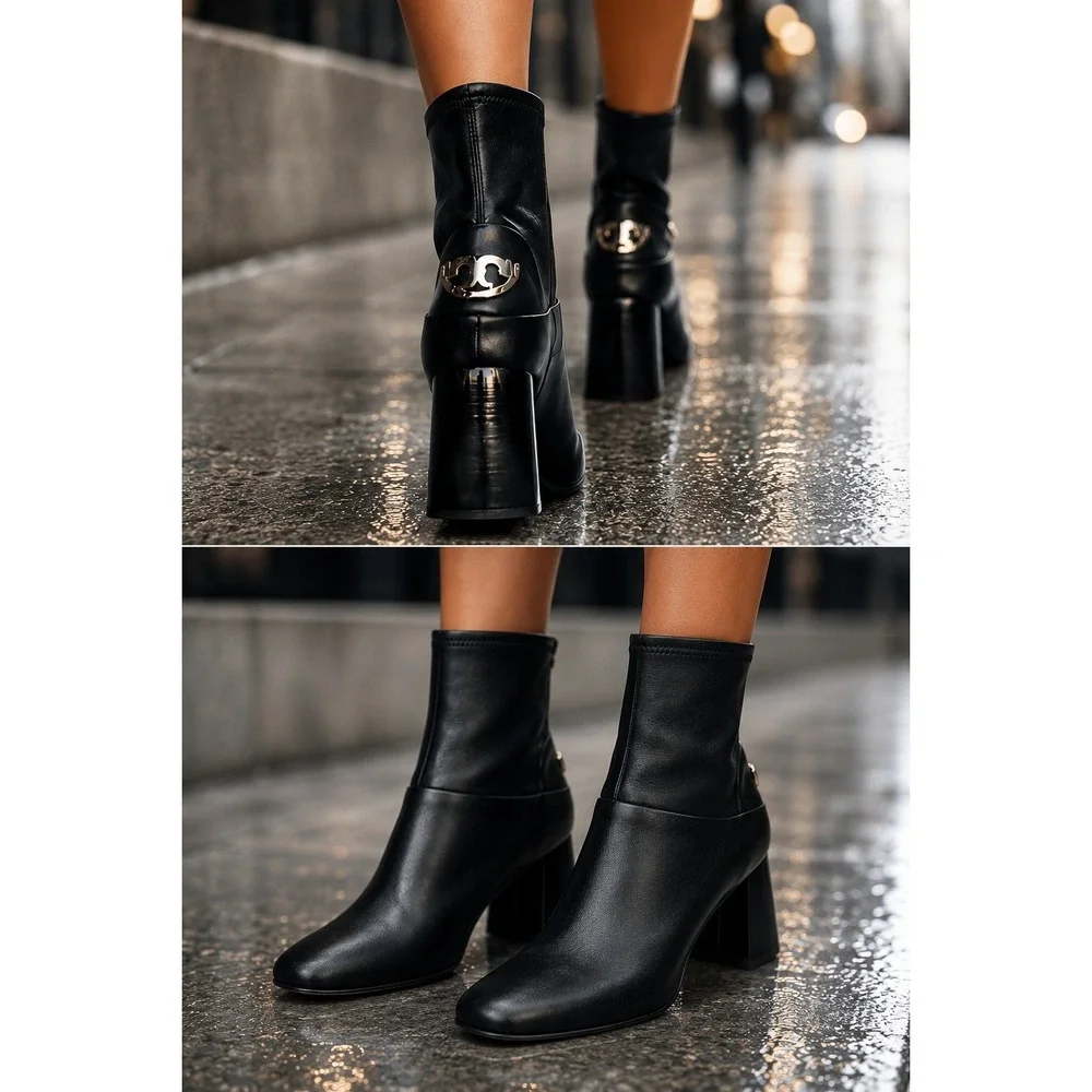 Tory Burch Ankle Boots 6.5 Black Leather Stretch Block Heel Logo Hardware